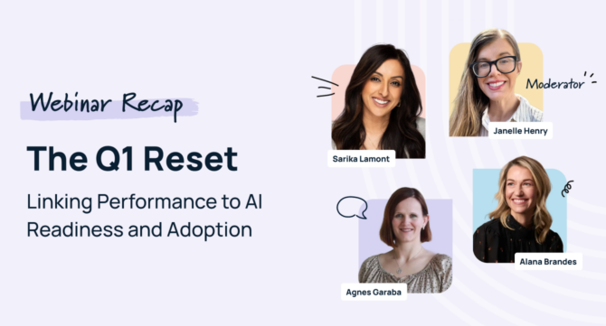 Webinar recap graphic for HR GameChangers Episode 17 titled “The Q1 Reset: Linking Performance to AI Readiness and Adoption,” featuring Janelle Henry, Sarika Lamont, Agnes Garaba, and Alana Brandes.