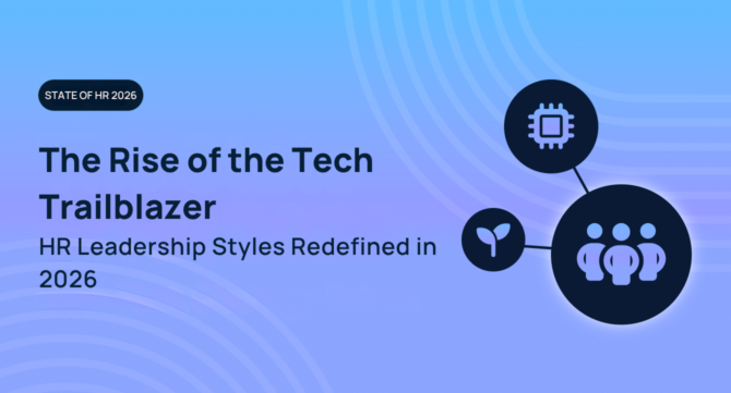 Branded header image for the State of HR 2026 report section titled The Rise of the Tech Trailblazer — HR Leadership Styles Redefined in 2026. Features icons representing technology, growth, and people.