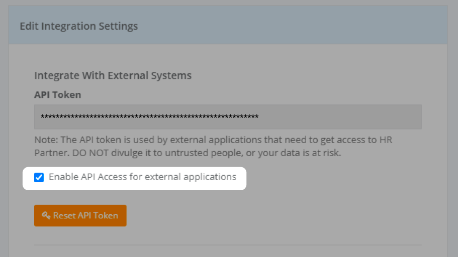 Enable API access for external applications checkbox in "Edit Integration Settings"