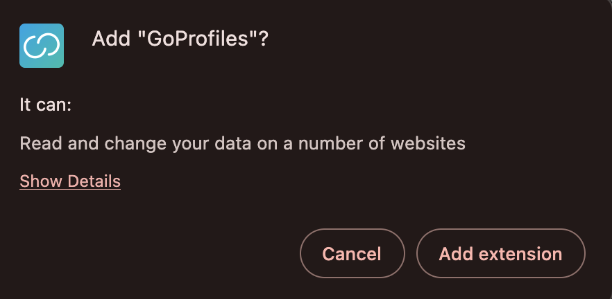 GoProfiles Chrome Extension pop up confirmation