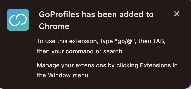 GoProfiles Chrome extension installation message