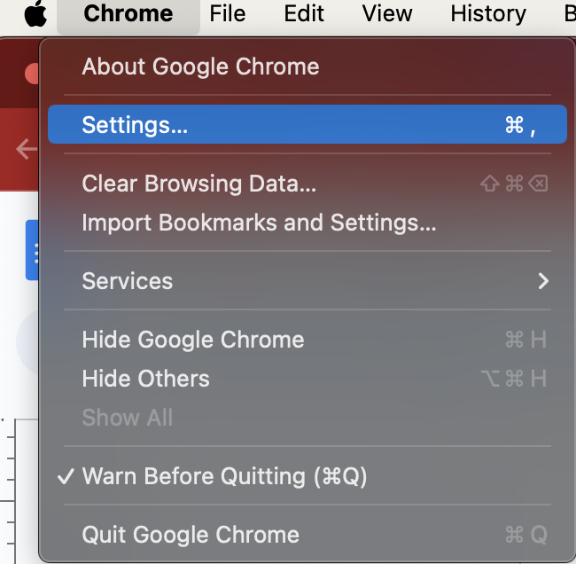 Select Settings from the Chrome tab