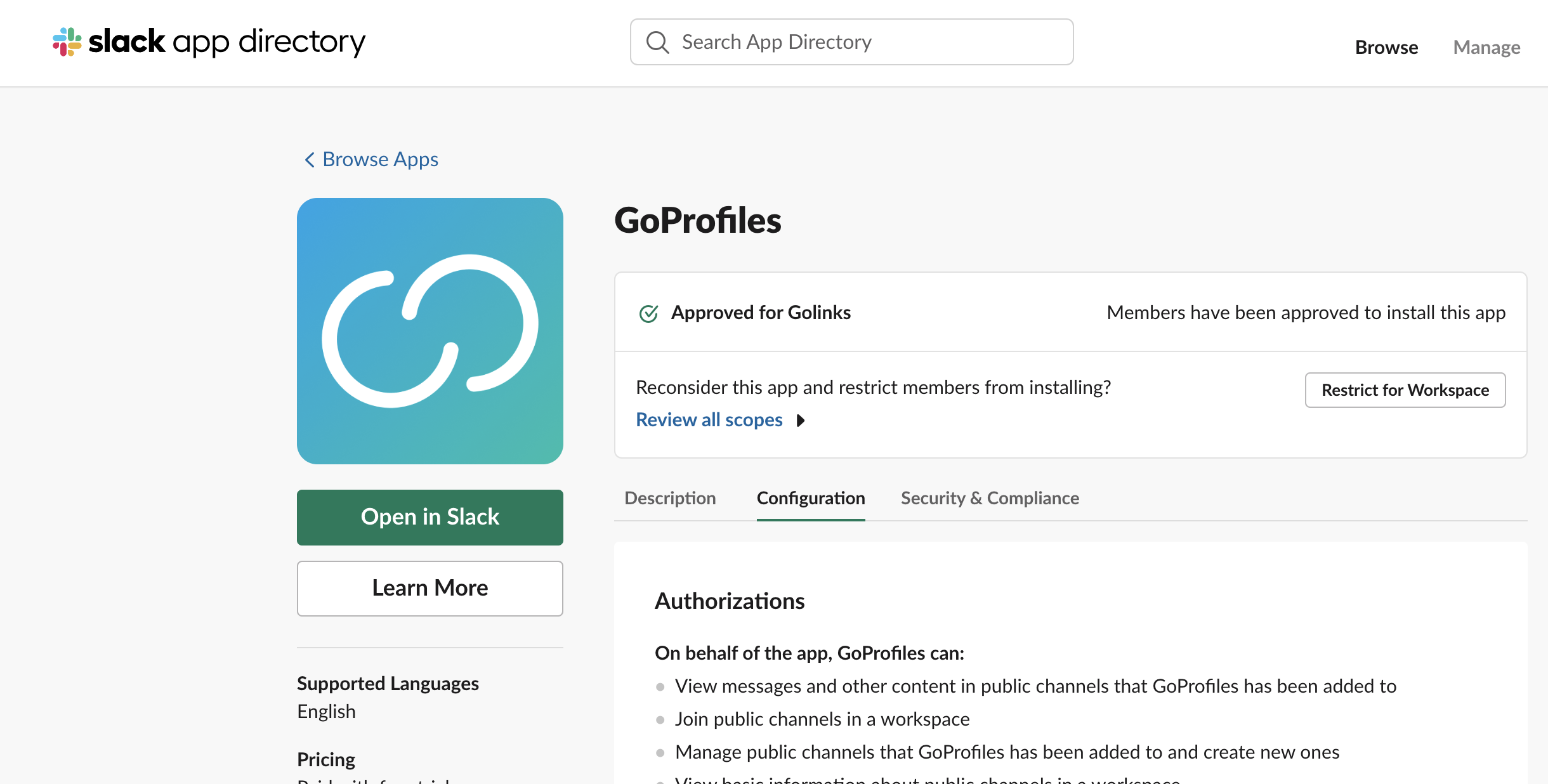 Slack app directory page for GoProfiles
