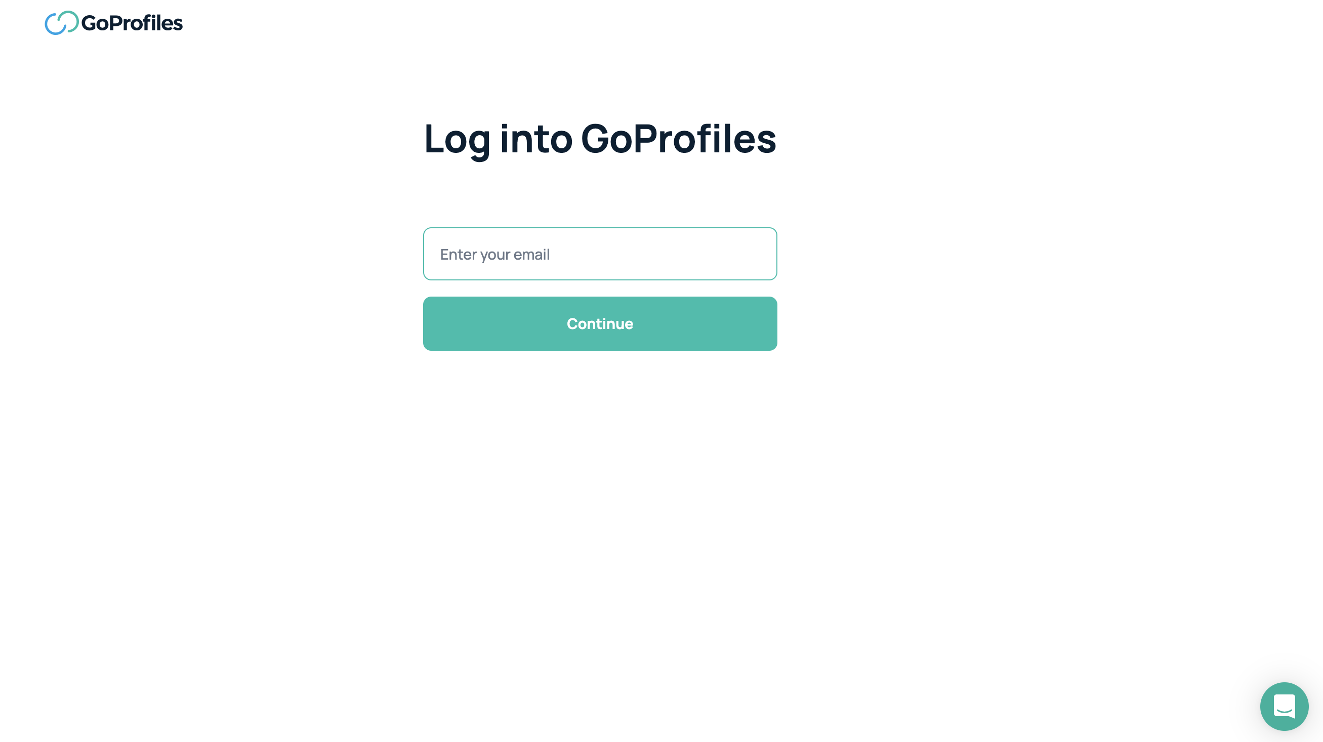 GoProfiles login page showing the support chat in the bottom right corner of the page