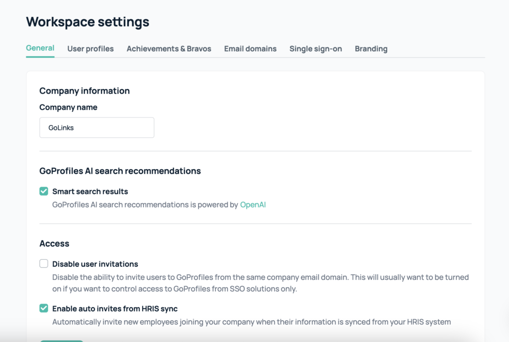 GoProfiles workspace settings