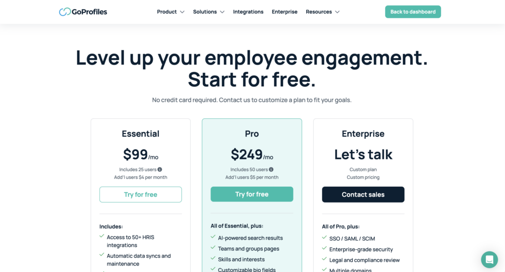 GoProfiles pricing page