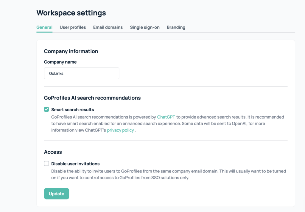 GoProfiles workspace settings page