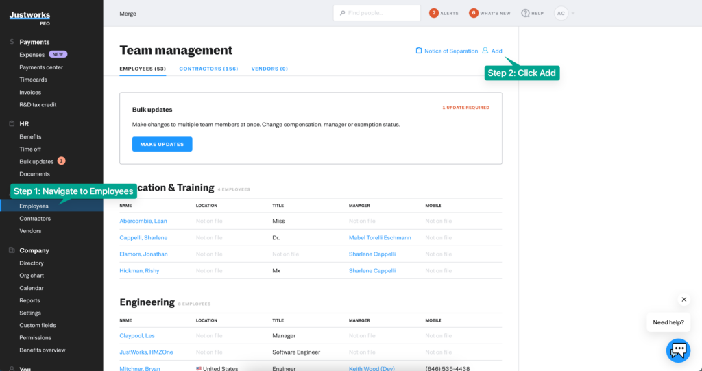 justworks team management page