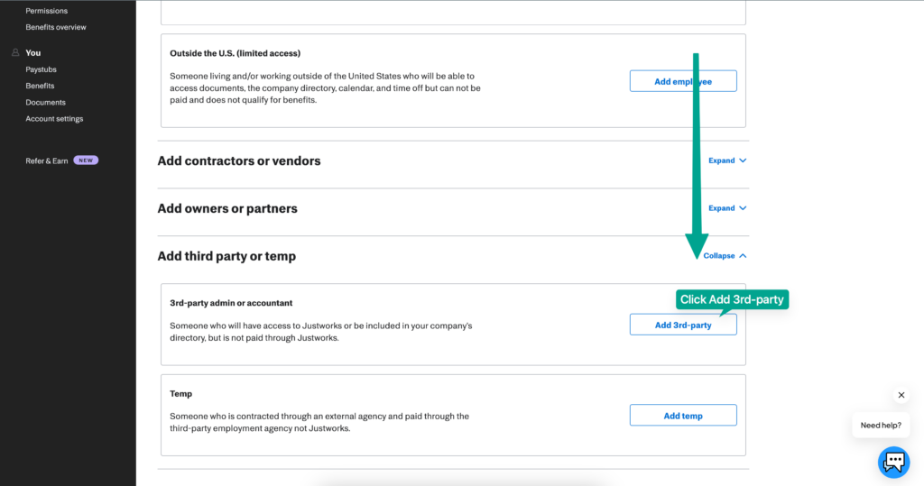 adding third party within justwork