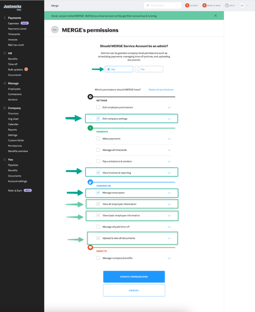 merge's permissions within JustWorks