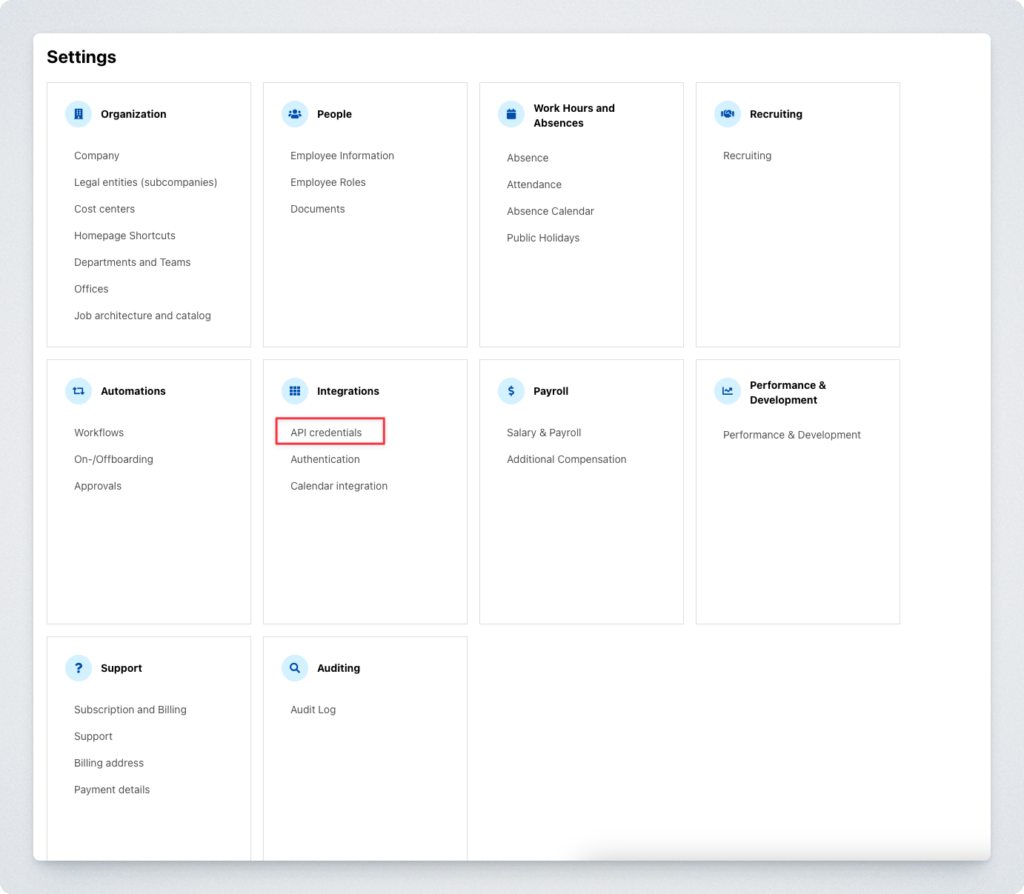 API credentials under settings --> integrations