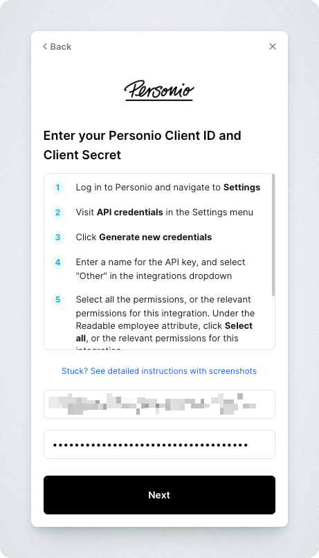 entering your personio client ID and client secret