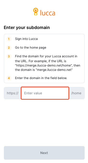 entering your subdomain in lucca
