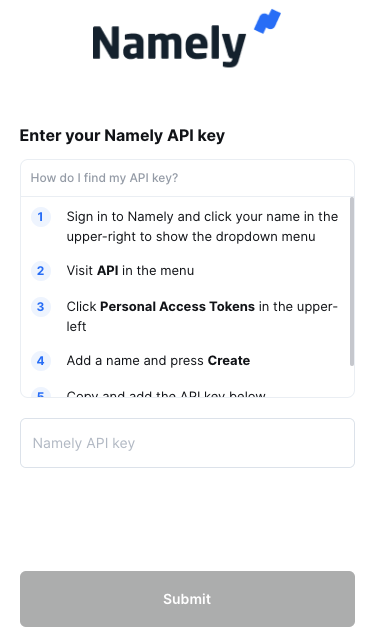 entering your namely api key