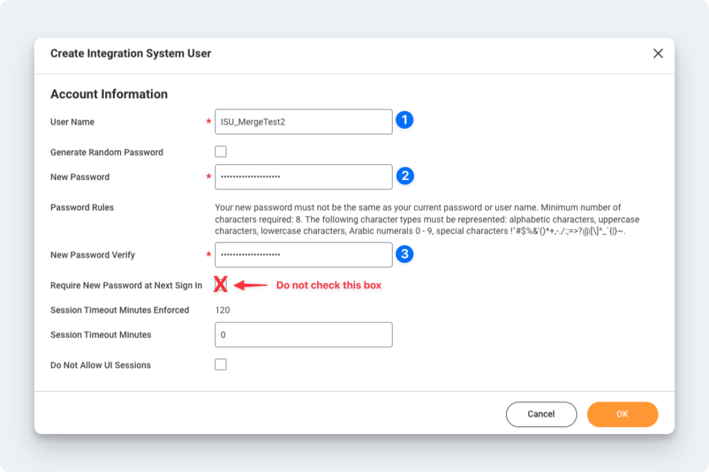 creating an integration system user account information