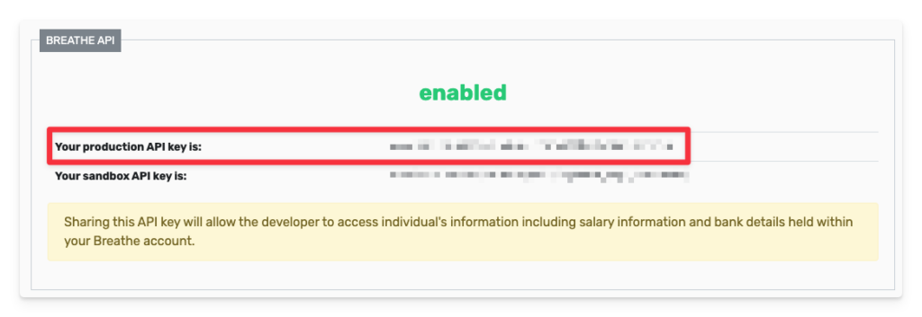 your production api key enabled in breathe api