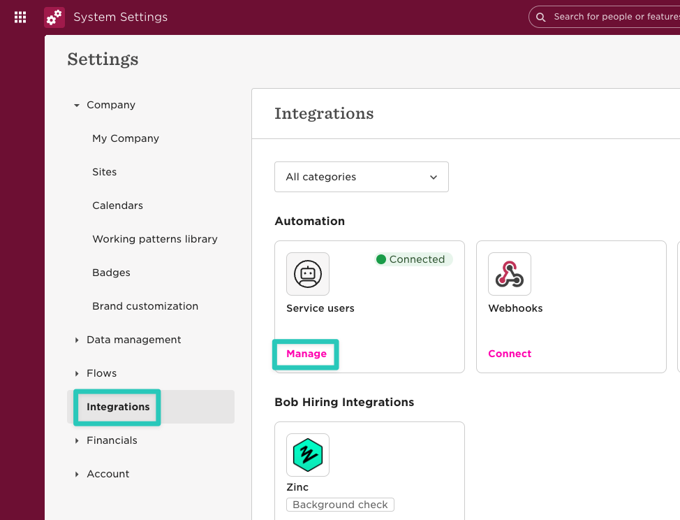 manage service users under integrations