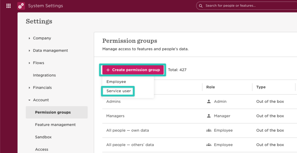 create a permission group for service users