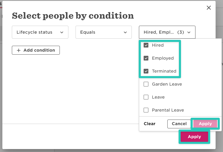 select people by hired, employed, terminated