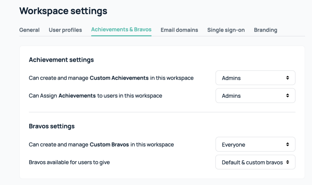 achievements and bravos workspace settings