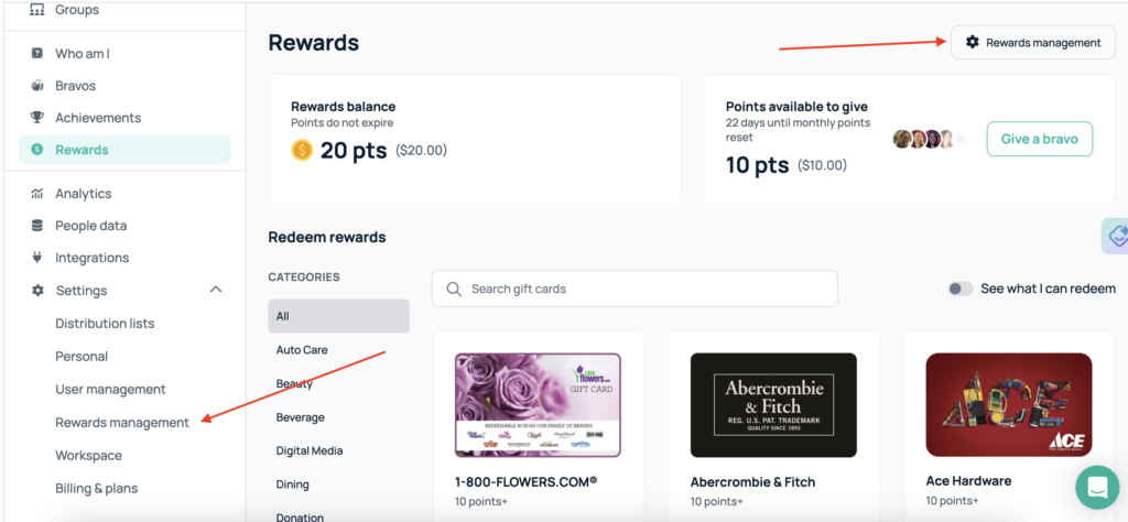 rewards management to configure company settings