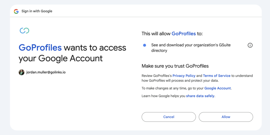 signing into google workspace to authenticate within goprofiles